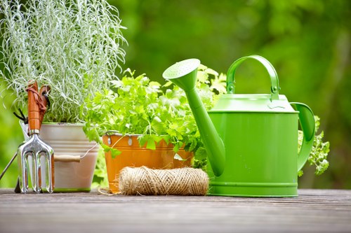 A close-up view of a garden windowsill with various gardening tools and plants, featuring a small, active watering can in bright green positioned centrally. To its left, there are potted plants with lush green foliage, including a herb with fine, silvery leaves and another with broader leaves, all placed on a weathered wooden surface. A pair of garden tools, including a small hand rake with a copper handle, lie beside the plants, alongside a coiled natural twine spool. The background is blurred with vibrant green foliage, indicating an outdoor garden setting with natural lighting, suggesting a mild, sunny day. The scene reflects typical gardening activity in a well-maintained outdoor space, suitable for gardening services in Finsbury Park, focusing on plant care and outdoor maintenance. The arrangement emphasizes a clean and organized gardening environment with a natural and inviting atmosphere, supporting gardening and landscaping services relevant to the local area.