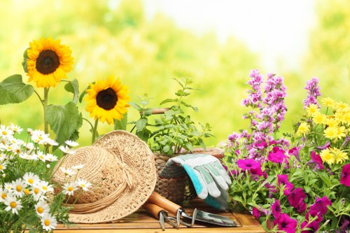A vibrant garden scene featuring a variety of blooming flowers and garden tools arranged on a wooden surface in the foreground. There are tall yellow sunflowers with dark centers, clusters of pink and purple flowers, and white daisies with yellow centers, all set against a lush green leafy background. The garden includes healthy, dense foliage and colorful blossoms that add natural tones to the scene. Gardening gloves, a straw hat, pruning shears, and a garden fork rest on the wooden area, suggesting ongoing outdoor garden maintenance, typical of landscaping services offered by local companies like Landscapers Finsbury Park. The setting appears to be well-lit with natural sunlight, indicating a pleasant outdoor environment in a residential or landscaped garden space within the Finsbury Park area, conducive to professional gardening and lawn care activities.