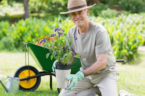 Professional landscapers working on a garden project