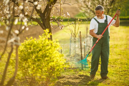 A mature man wearing green gardening overalls and a white t-shirt is standing in a well-maintained backyard garden in Finsbury Park, tending to the soil with a red-handled rake. The garden features a vibrant, lush lawn bordered by a low hedge and a flower bed with emerging plants. Behind the man, there is a blossoming tree with light pink flowers and a small wire fence separating the flower bed from the grassy area. The scene is bathed in natural sunlight, indicating a clear day with pleasant weather, and the background shows additional greenery and trees, creating a peaceful outdoor environment. The overall setting reflects professional gardening or landscaping work, with attention to maintaining a tidy and visually appealing outdoor space, appropriate for local garden and lawn care services offered by Landscapers Finsbury Park.